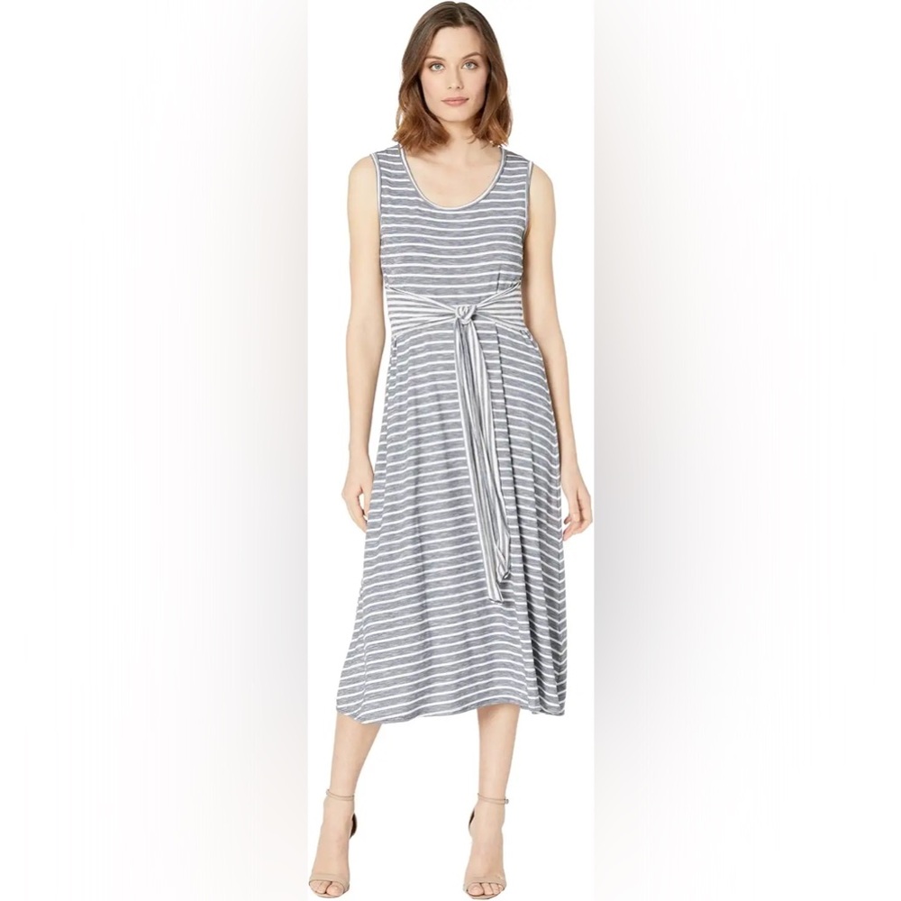 Max Studio Crew Neck Tie Front Knit Midi Dress Small Blue White